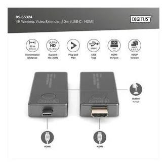 DIGITUS DS-55324 Bezprzewodowy przedłużacz wideo 4K, 30 m (USB-C - HDMI) DIGITUS DS-55324 Bezprzewodowy przedłużacz wideo 4K, 30 m (USB-C - HDMI)
