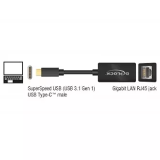 Adapter Delock Super Speed USB (USB 3.1 Gen 1) z USB Type-C™ męski > Gigabit LAN 10/100/1000 Mbps kompaktowy czarny Adapter Delock Super Speed USB (USB 3.1 Gen 1) z USB Type-C™ męski > Gigabit LAN 10/100/1000 Mbps kompaktowy czarny