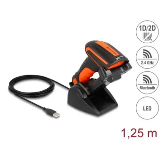 Przemysłowy czytnik kodów kreskowych 1D i 2D Delock 2,4 GHz lub Bluetooth z indukcyjną stacją ładującą