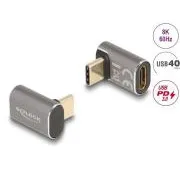 Adapter USB Delock 40 Gb/s, USB Type-C, PD 3.0, 100 W, wtyk męski do gniazda żeńskiego, kątowy, 8K, 60 Hz, metalowy