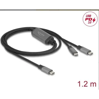 Kabel Delock USB-C™ w kształcie litery Y, 1 x wtyczka do 2 x wtyczki PD 3.0, inteligentna dystrybucja mocy 100 W, 1,2 m