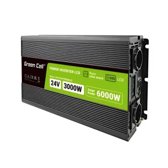 Falownik samochodowy Green Cell PowerInverter LCD 24 V 3000W/60000W z wyświetlaczem - czysta fala sinusoidalna