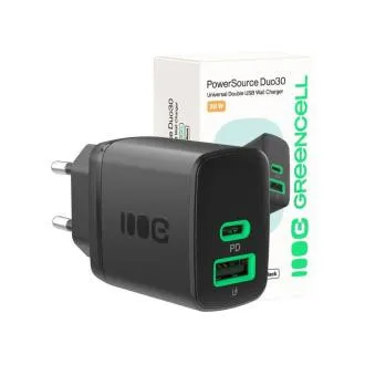 Green Cell PowerSource Duo30 Ładowarka USB/USB-C Czarna zasilacz 30 W Power Delivery Green Cell PowerSource Duo30 Ładowarka USB/USB-C Czarna zasilacz 30 W Power Delivery