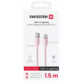 KABEL DO TRANSMISJI DANYCH SWISSTEN TEXTILE II USB-C / LIGHTNING 1,5 M RÓŻOWY
