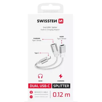SWISSTEN CHARGING AUDIO ADAPTER TEXTILE USB-C (męski) / 2x USB-C (żeński) 0,12 M BIAŁY
