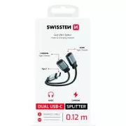 SWISSTEN CHARGING AUDIO ADAPTER TEXTILE USB-C (męski) / 2x USB-C (żeński) 0,12 M CZARNY