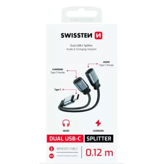 SWISSTEN CHARGING AUDIO ADAPTER TEXTILE USB-C (męski) / 2x USB-C (żeński) 0,12 M CZARNY