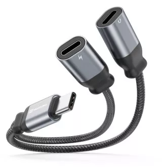 SWISSTEN CHARGING AUDIO ADAPTER TEXTILE USB-C (męski) / 2x USB-C (żeński) 0,12 M CZARNY