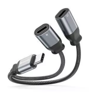 SWISSTEN CHARGING AUDIO ADAPTER TEXTILE USB-C (męski) / 2x USB-C (żeński) 0,12 M CZARNY