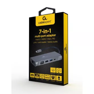 Gembird USB-C 7v1 multiport USB 3.0 HDMI VGA PD czytnik kart dźwięk stereo Gembird USB-C 7v1 multiport USB 3.0 HDMI VGA PD czytnik kart dźwięk stereo