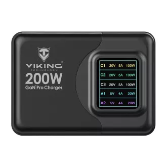 Ładowarka Viking USB GaN 200W PD PRO/adapter sieciowy/Wyjście: 3xUSB-C, 2xUSB-A/Szybkie ładowanie/