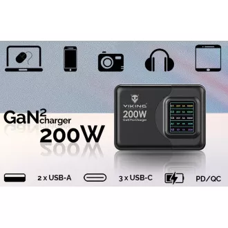 Ładowarka Viking USB GaN 200W PD PRO/adapter sieciowy/Wyjście: 3xUSB-C, 2xUSB-A/Szybkie ładowanie/