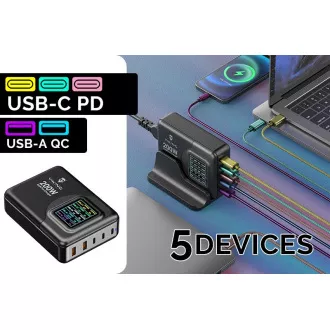 Ładowarka Viking USB GaN 200W PD PRO/adapter sieciowy/Wyjście: 3xUSB-C, 2xUSB-A/Szybkie ładowanie/