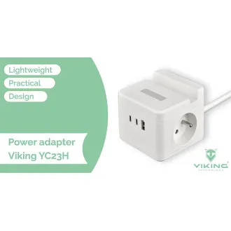 Zasilacz VIKING YC23H, biały/Wyjście:2xAC,1xUSB-A,2xUSB-C/Uchwyt mobilny/Lampka LED/1,4m kabel Zasilacz VIKING YC23H, biały/Wyjście:2xAC,1xUSB-A,2xUSB-C/Uchwyt mobilny/Lampka LED/1,4m kabel