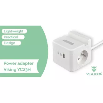 Zasilacz sieciowy VIKING YC23H, czarny/Wyjście:2xAC,1xUSB-A,2xUSB-C/Uchwyt mobilny/Lampka LED/1,4m kabel