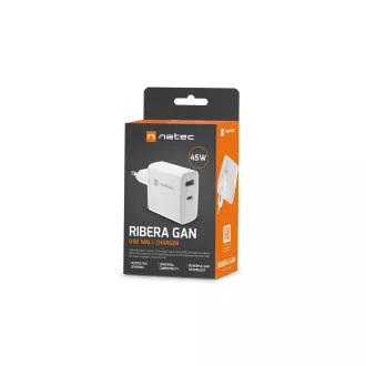 Uniwersalna ładowarka USB Natec RIBERA GaN 45W, 1X USB-A, 1X USB-C, biała
