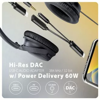 AXAGON ADA-HCPD, USB-C do 3.5mm jack - adapter audio Hi-Res DAC, 384kHz/32bit, stereo, PD 60W 3A AXAGON ADA-HCPD, USB-C do 3.5mm jack - adapter audio Hi-Res DAC, 384kHz/32bit, stereo, PD 60W 3A