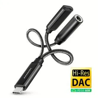 AXAGON ADA-HCPD, USB-C do 3.5mm jack - adapter audio Hi-Res DAC, 384kHz/32bit, stereo, PD 60W 3A