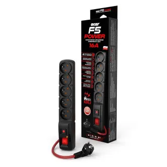 Kabel Acar F5 3m, 5 gniazd, zabezpieczenie przeciwprzepięciowe, maks. prąd 16A, czarny Kabel Acar F5 3m, 5 gniazd, zabezpieczenie przeciwprzepięciowe, maks. prąd 16A, czarny