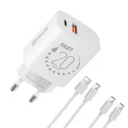 PAKIET:Ładowarka podróżna ME USB-A   USB-C 20W   2x kabel 1m Biały