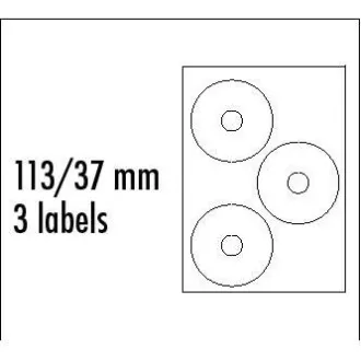 Etykiety z logo na CD 113/37mm, A4, matowe, białe, 3 etykiety, 140g/m2, pakowane po 25 sztuk, do drukarek atramentowych i laserowych