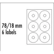 Etykiety z logo na płyty CD 78/18 mm, A4, matowe, białe, 6 etykiet, 140 g/m2, opakowanie 10 sztuk, do drukarek atramentowych i laserowych