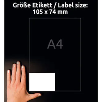 Etykiety Avery Zweckform 105 mm x 74 mm, format A4, białe, 8 etykiet, opakowanie po 100 sztuk, nr kat. 3427, do drukarek laserowych i atramentowych oraz kopiarek Etykiety Avery Zweckform 105 mm x 74 mm, format A4, białe, 8 etykiet, opakowanie po 100 sztuk, nr kat. 3427, do drukarek laserowych i atramentowych oraz kopiarek