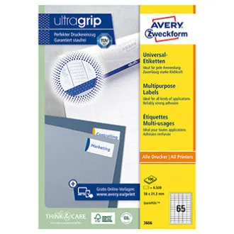 Etykiety Avery Zweckform 38 x 21,2 mm, A4, białe, 65 etykiet, opakowanie 100 sztuk, 3666, do drukarek laserowych i atramentowych, kopiarek
