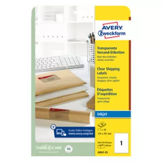 Etykiety Avery Zweckform 210 mm x 297 mm, A4, przezroczyste, przezroczyste, 1 etykieta, do opakowań, pakowane po 25 sztuk, J8567-25, do atramenu Etykiety Avery Zweckform 210 mm x 297 mm, A4, przezroczyste, przezroczyste, 1 etykieta, do opakowań, pakowane po 25 sztuk, J8567-25, do atramenu