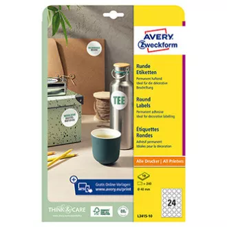Etykiety Avery Zweckform 40 mm, A4, białe, 24 etykiety, opakowanie 10 sztuk, L3415-10, do drukarek laserowych i atramentowych, kopiarek