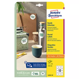 Etykiety Avery Zweckform 60 mm, A4, białe, 12 etykiet, opakowanie 10 sztuk, L3416-10, do drukarek laserowych i atramentowych, kopiarek