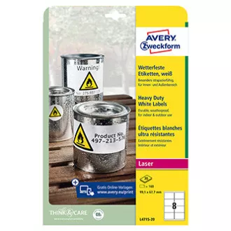 Etykiety Avery Zweckform 99,1 mm x 67,7 mm, A4, matowe, białe, 8 etykiet, bardzo trwałe, opakowanie 20 sztuk, L4715-20, do drukarek laserowych