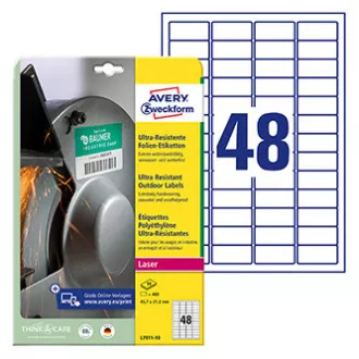 Etykiety Avery Zweckform 45,7 mm x 21,2 mm, A4, białe, 48 etykiet, bardzo wytrzymałe, pakowane po 10 sztuk, L7911-10, do drukarek laserowych oraz