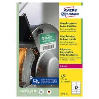Etykiety Avery Zweckform 99,1 mm x 42,3 mm, format A4, białe, 12 etykiet, bardzo wytrzymałe, pakowane po 40 sztuk, L7913-40, do drukarek laserowych i