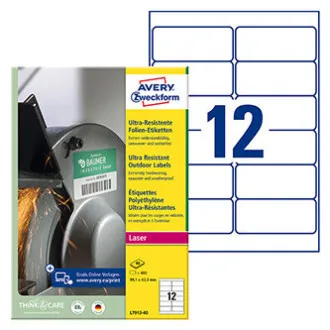 Etykiety Avery Zweckform 99,1 mm x 42,3 mm, format A4, białe, 12 etykiet, bardzo wytrzymałe, pakowane po 40 sztuk, L7913-40, do drukarek laserowych i