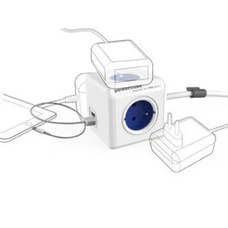 Kabel zasilający 230V przedłużający, CEE7 (widełki) - POWERCUBE, 1.5m, EXTENDED USB, niebieski, POWERCUBE, 4 gniazda, 2xUSB port, zabezpieczenie przed dziećmi