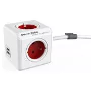 Kabel zasilający 230V przedłużacz, CEE7 (widełki) - POWERCUBE, 1.5m, EXTENDED USB, czerwony, POWERCUBE, 4 gniazda, 2xUSB port, dla dzieci p