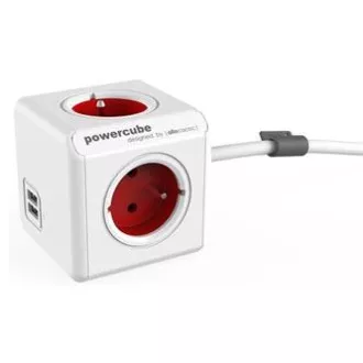 Kabel zasilający 230V przedłużacz, CEE7 (widełki) - POWERCUBE, 1.5m, EXTENDED USB, czerwony, POWERCUBE, 4 gniazda, 2xUSB port, dla dzieci p
