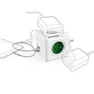 Gniazdo 240V, CEE7 (widełki) - POWERCUBE, 0.1m, ORYGINALNE USB, zielone, POWERCUBE, 4 gniazda, 2xporty USB