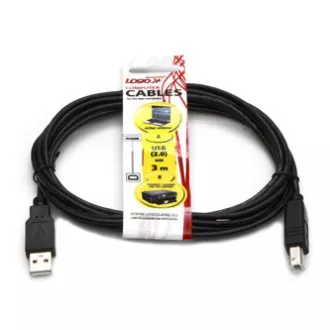 Kabel USB z logo (2.0), USB A męski - USB B męski, 3 m, czarny