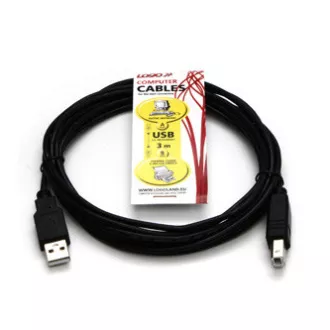Kabel USB z logo (2.0), USB A męski - USB B męski, 3 m, czarny
