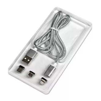 Kabel USB ze złączami (2.0), USB A męskie - microUSB męskie Apple Lightning męskie USB C męskie, 1 m, okrągły, w oplocie, srebrny, Kabel USB ze złączami (2.0), USB A męskie - microUSB męskie Apple Lightning męskie USB C męskie, 1 m, okrągły, w oplocie, srebrny,