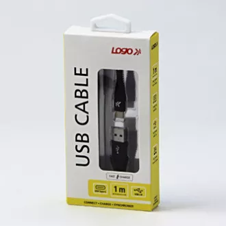 Kabel USB z logo (2.0), USB A męski - USB C męski, 1 m, 480 Mb/s, 5 V/3 A, czarny, pudełko, nylonowy oplot, aluminiowa osłona złącza