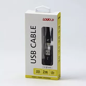Kabel USB z logo (2.0), USB A męski - USB C męski, 2 m, 480 Mb/s, 5 V/3 A, czarny, pudełko, nylonowy oplot, aluminiowa osłona złącza