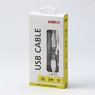 Kabel USB z logo (2.0), USB A męski - USB C męski, 2 m, 480 Mb/s, 5 V/3 A, biały, pudełko, nylonowy oplot, aluminiowa osłona złącza