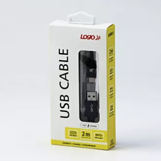 Kabel USB z logo (3.2 gen 1), USB A męski - USB C męski, 2 m, 5 Gb/s, 5 V/3 A, czarny, pudełko, nylonowy oplot, aluminiowa osłona złącza
