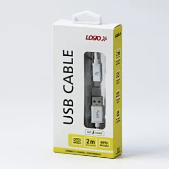 Kabel USB z logo (3.2 gen 1), USB A męski - USB C męski, 2 m, 5 Gb/s, 5 V/3 A, biały, pudełko, nylonowy oplot, aluminiowa osłona złącza