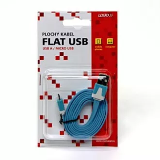 Kabel USB z logo (2.0), USB A męski - microUSB męski, 1 m, płaski, niebieski, blister, WYPRZEDAŻ