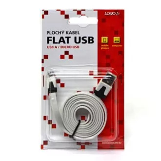 Kabel USB z logo (2.0), USB A męski - microUSB męski, 1 m, płaski, biały, blister, WYPRZEDAŻ