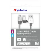 Kabel USB Verbatim (2.0), USB A męski - microUSB męski   Apple Lightning męski, 1 m, srebrny, pudełko, 48869, 2 w 1 - regulowany